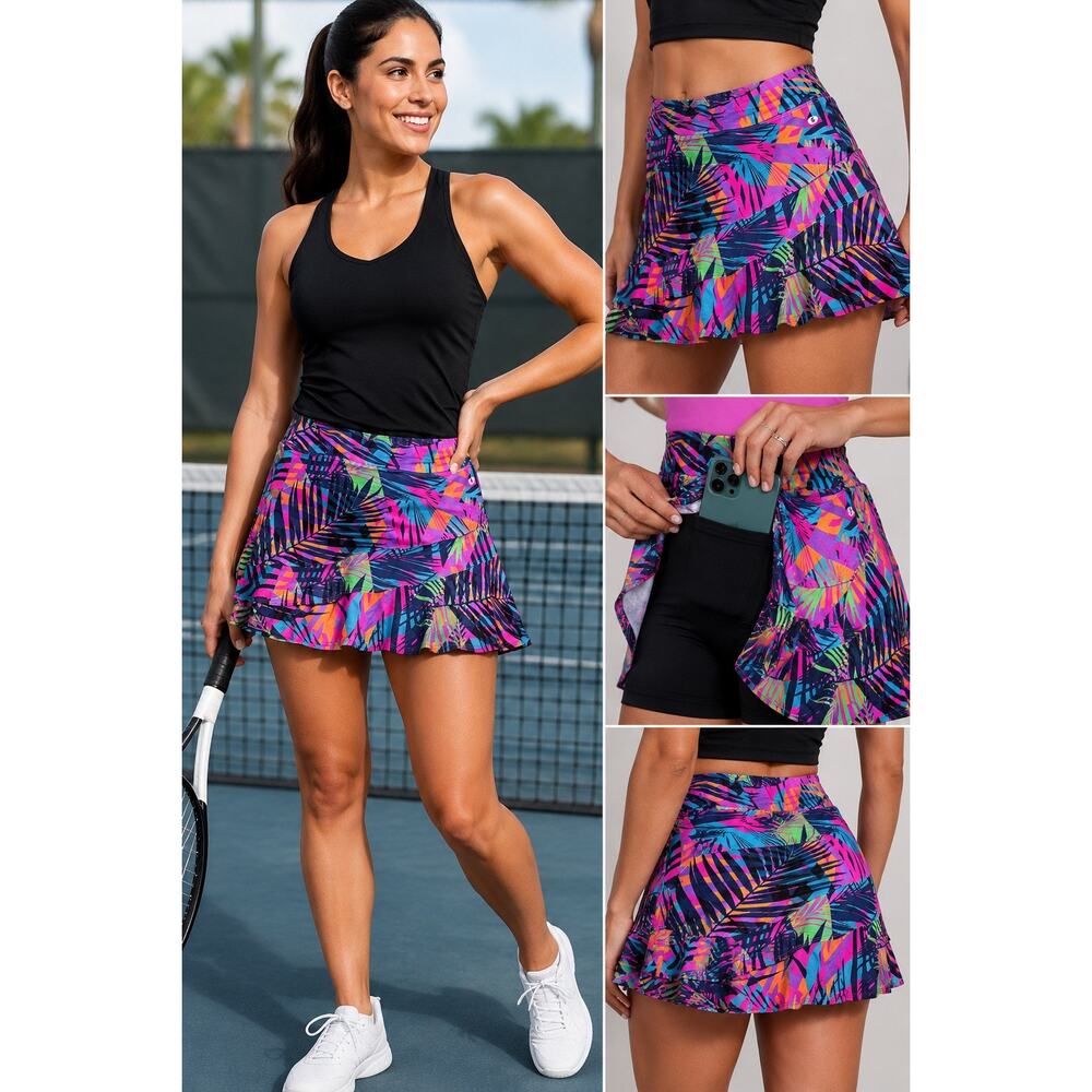 Dona Jo Colorful Tropical Palm Print Active Tennis Golf Skort Ruffle Size Large
